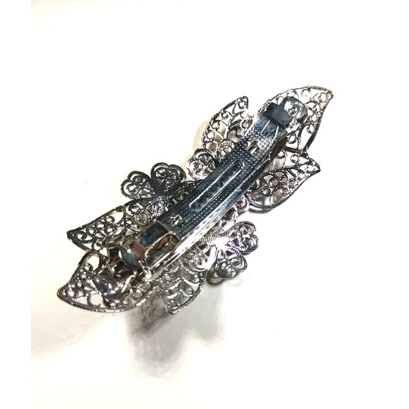 Barrette Tension Hair Clip Silver Tone Clear Rhinestone Lattice Lace Work design - Picture 3 of 5